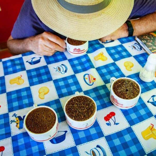 Man with hat smelling different coffee samples - Food - People - Coffee Zone - Lulo Colombia Travel